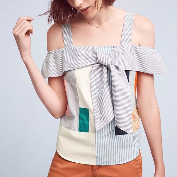 Anthropologie Maeve Medley Open-Shoulder Patchwork Top Size 10 - Picture 1 of 8